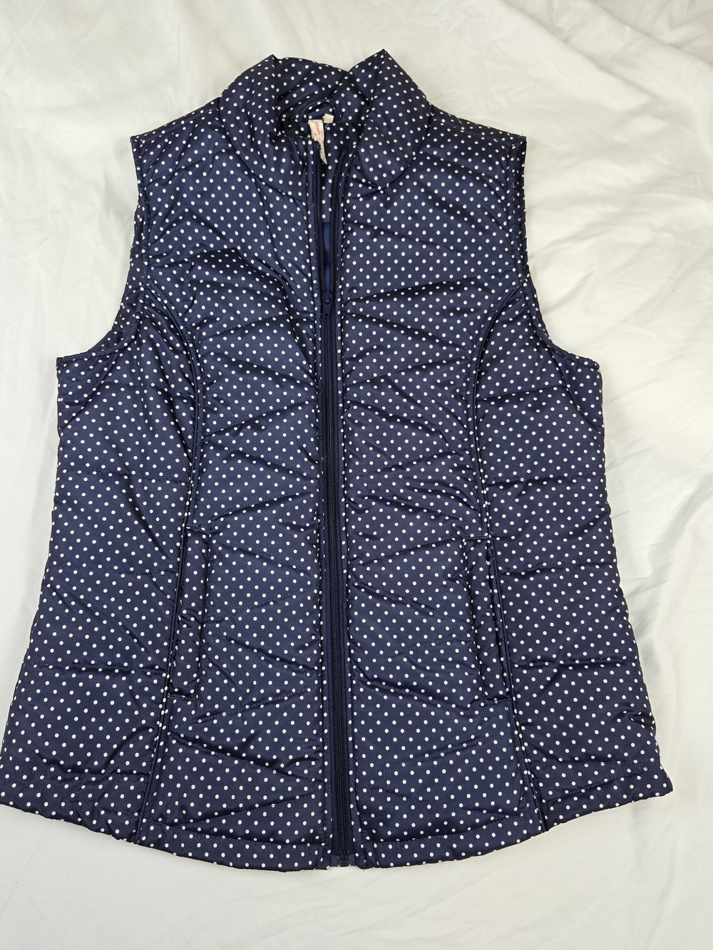 Red Camel Women's Quilted Puffer Vest Navy Blue White Polka Dot Full Zip Size L